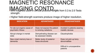  MRI magnets used in clinical practice ranges from 0.3 to 2.0 Tesla
strength.
 Higher field-strength scanners produce image of higher resolution.
INDICATION ADVANTAGES DISADVANTAGES
To rule out organic cause of
psychiatric illness
Does not expose the patient
to ionizing radiations
Avoided in patients wearing
metallic devices
Abrupt change in mental
state
Demyelinating disease can
be assessed reliably
Claustrophobia
New onset memory loss or
dementia
Better study of posterior
fossa structures
Does not pick up bony
abnormalities
Difficult in uncooperative
patients
 