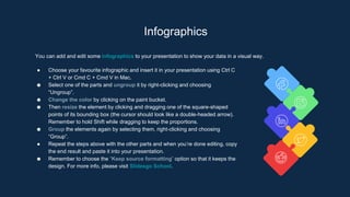 Infographics
You can add and edit some infographics to your presentation to show your data in a visual way.
● Choose your favourite infographic and insert it in your presentation using Ctrl C
+ Ctrl V or Cmd C + Cmd V in Mac.
● Select one of the parts and ungroup it by right-clicking and choosing
“Ungroup”.
● Change the color by clicking on the paint bucket.
● Then resize the element by clicking and dragging one of the square-shaped
points of its bounding box (the cursor should look like a double-headed arrow).
Remember to hold Shift while dragging to keep the proportions.
● Group the elements again by selecting them, right-clicking and choosing
“Group”.
● Repeat the steps above with the other parts and when you’re done editing, copy
the end result and paste it into your presentation.
● Remember to choose the “Keep source formatting” option so that it keeps the
design. For more info, please visit Slidesgo School.
 