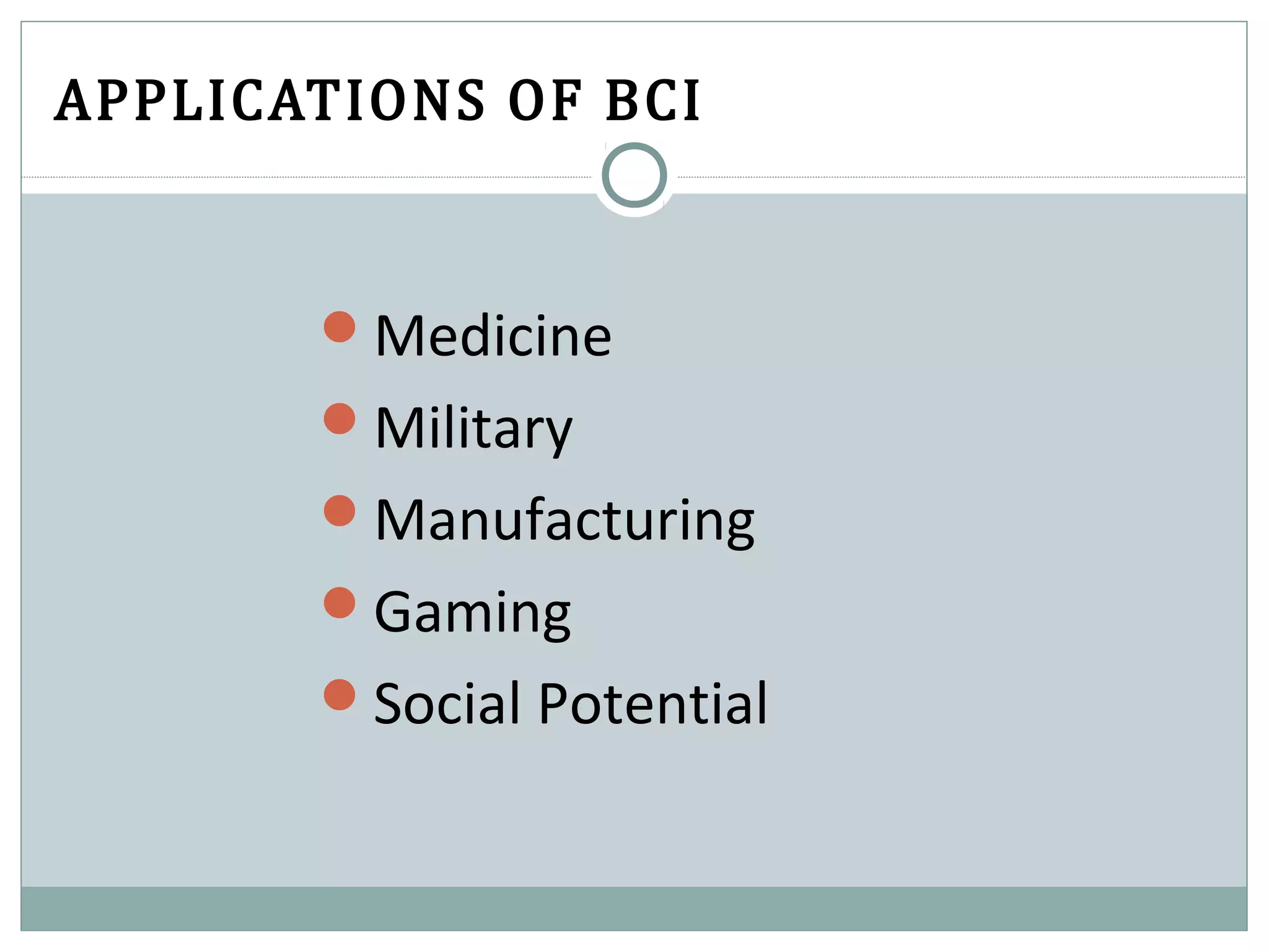 APPLICATIONS OF BCI
Medicine
Military
Manufacturing
Gaming
Social Potential
 