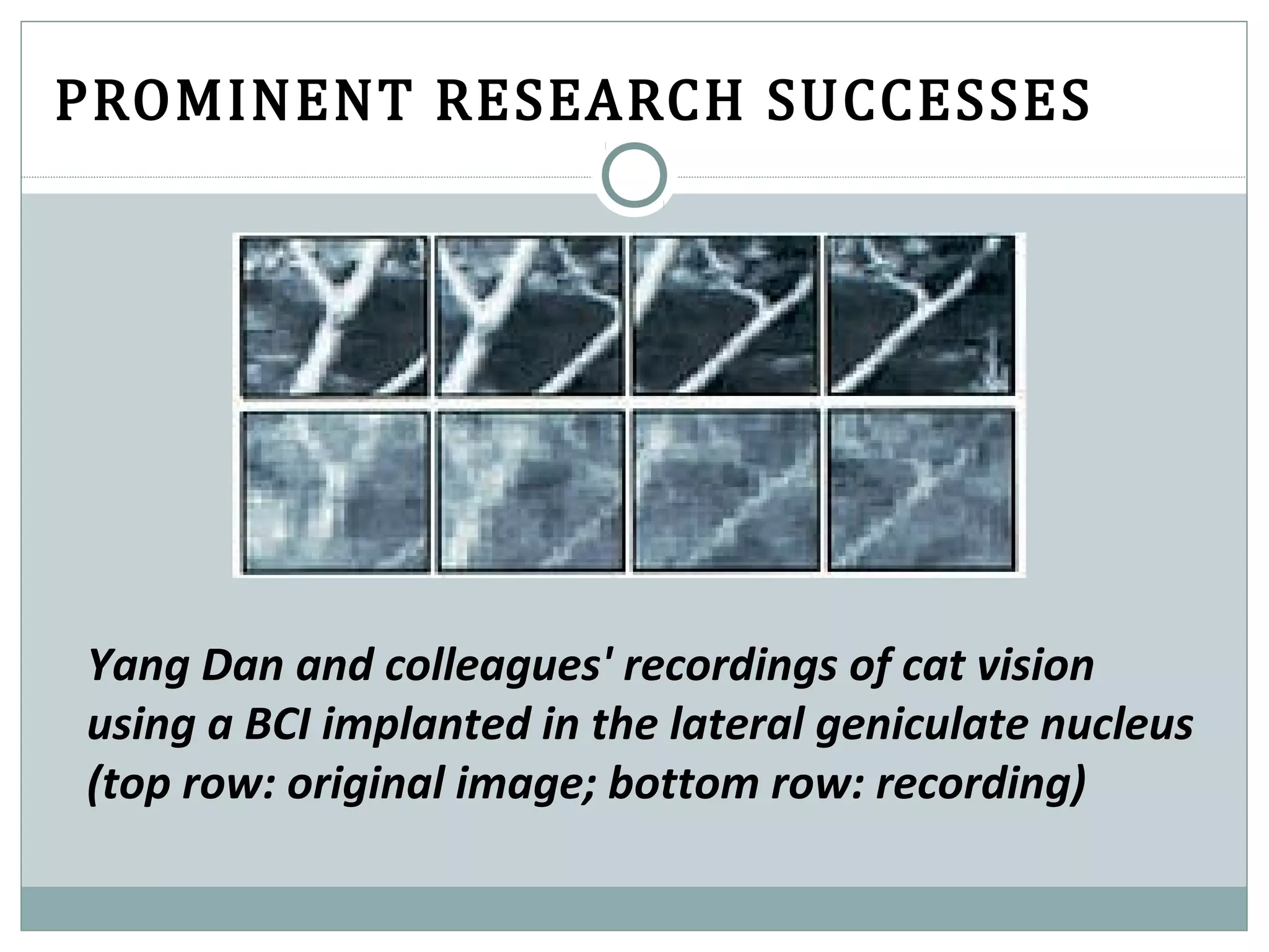 PROMINENT RESEARCH SUCCESSES
Yang Dan and colleagues' recordings of cat vision
using a BCI implanted in the lateral geniculate nucleus
(top row: original image; bottom row: recording)
 