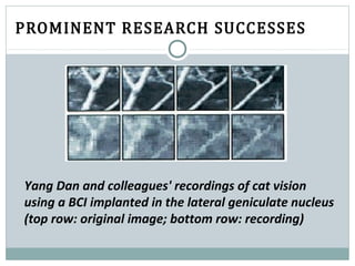 PROMINENT RESEARCH SUCCESSES
Yang Dan and colleagues' recordings of cat vision
using a BCI implanted in the lateral geniculate nucleus
(top row: original image; bottom row: recording)
 