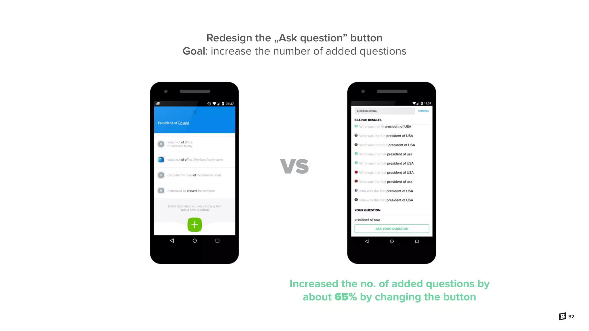32
Redesign the „Ask question” button
Goal: increase the number of added questions
Increased the no. of added questions by
about 65% by changing the button
VS
 
