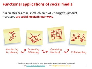 Functional applications of social media
brainmates has conducted research which suggests product
managers use social media in four ways:




           Download the white paper to learn more about the four functional applications.
                Visit www.brainmates.com.au or email info@brainmates.com.au                 13
 