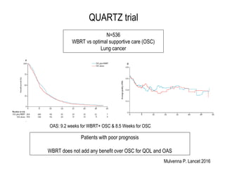 QUARTZ trial
N=536
WBRT vs optimal supportive care (OSC)
Lung cancer
OAS: 9.2 weeks for WBRT+ OSC & 8.5 Weeks for OSC
Patients with poor prognosis
WBRT does not add any benefit over OSC for QOL and OAS
Mulvenna P. Lancet 2016
 