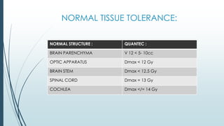 NORMAL TISSUE TOLERANCE:
NORMAL STRUCTURE : QUANTEC :
BRAIN PARENCHYMA V 12 < 5- 10cc
OPTIC APPARATUS Dmax < 12 Gy
BRAIN STEM Dmax < 12.5 Gy
SPINAL CORD Dmax = 13 Gy
COCHLEA Dmax </= 14 Gy
 