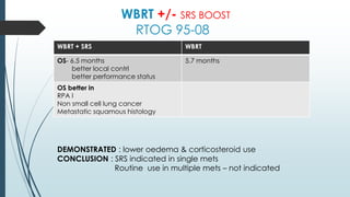 WBRT +/- SRS BOOST
RTOG 95-08
WBRT + SRS WBRT
OS- 6.5 months
better local contrl
better performance status
5.7 months
OS better in
RPA I
Non small cell lung cancer
Metastatic squamous histology
DEMONSTRATED : lower oedema & corticosteroid use
CONCLUSION : SRS indicated in single mets
Routine use in multiple mets – not indicated
 