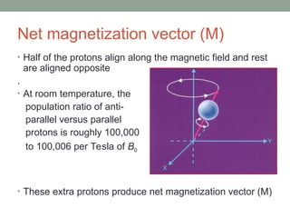 Net magnetization vector (M)
• Half of the protons align along the magnetic field and rest
are aligned opposite
.
• At room temperature, the
population ratio of anti-
parallel versus parallel
protons is roughly 100,000
to 100,006 per Tesla of B0
• These extra protons produce net magnetization vector (M)
 
