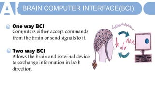 BRAIN COMPUTER INTERFACE(BCI)
One way BCI
Computers either accept commands
from the brain or send signals to it.
Two way BCI
Allows the brain and external device
to exchange information in both
direction.
 