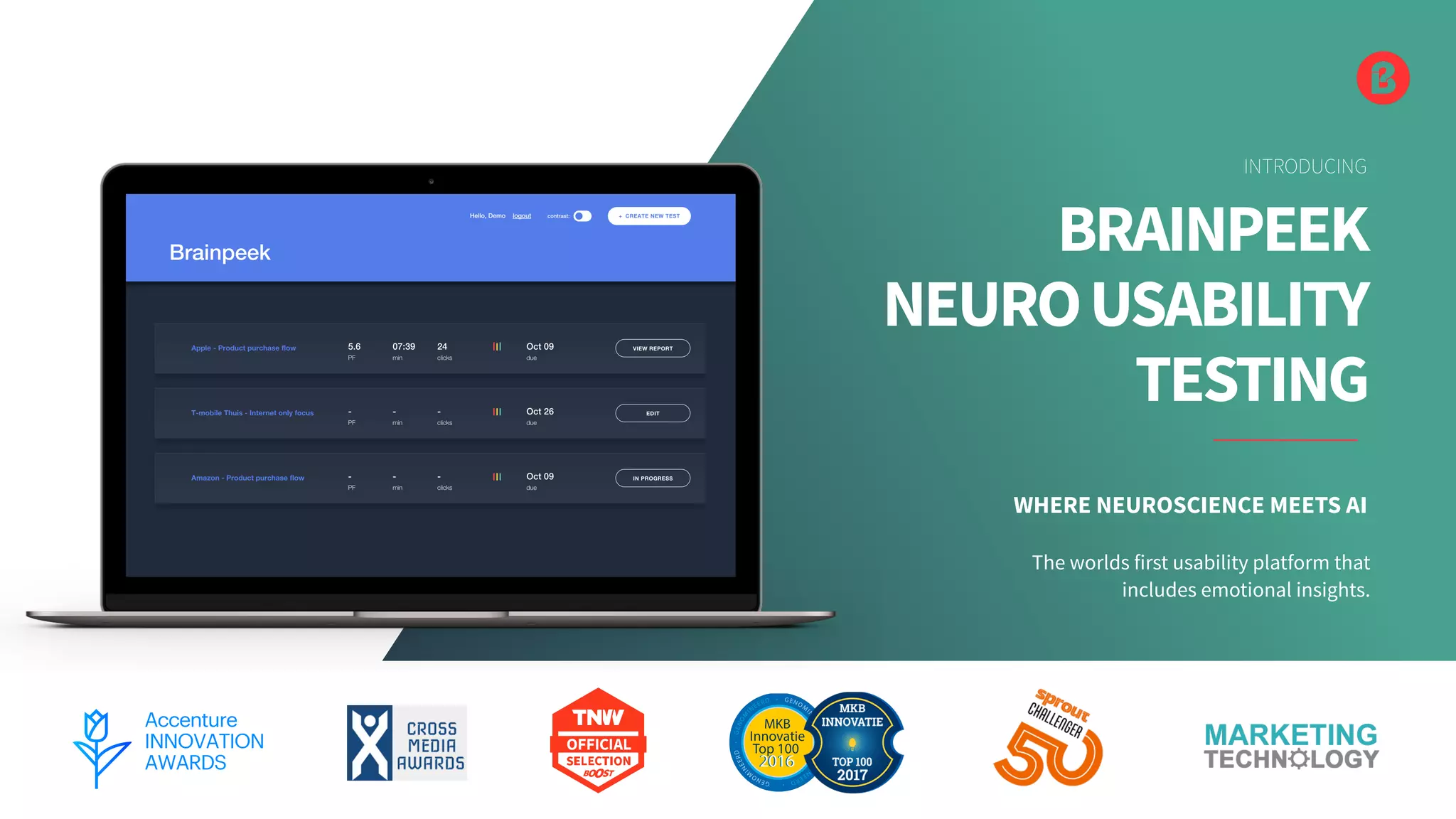 BRAINPEEK
NEUROUSABILITY
TESTING
INTRODUCING
12
The worlds first usability platform that
includes emotional insights.
WHERE NEUROSCIENCE MEETS AI
 