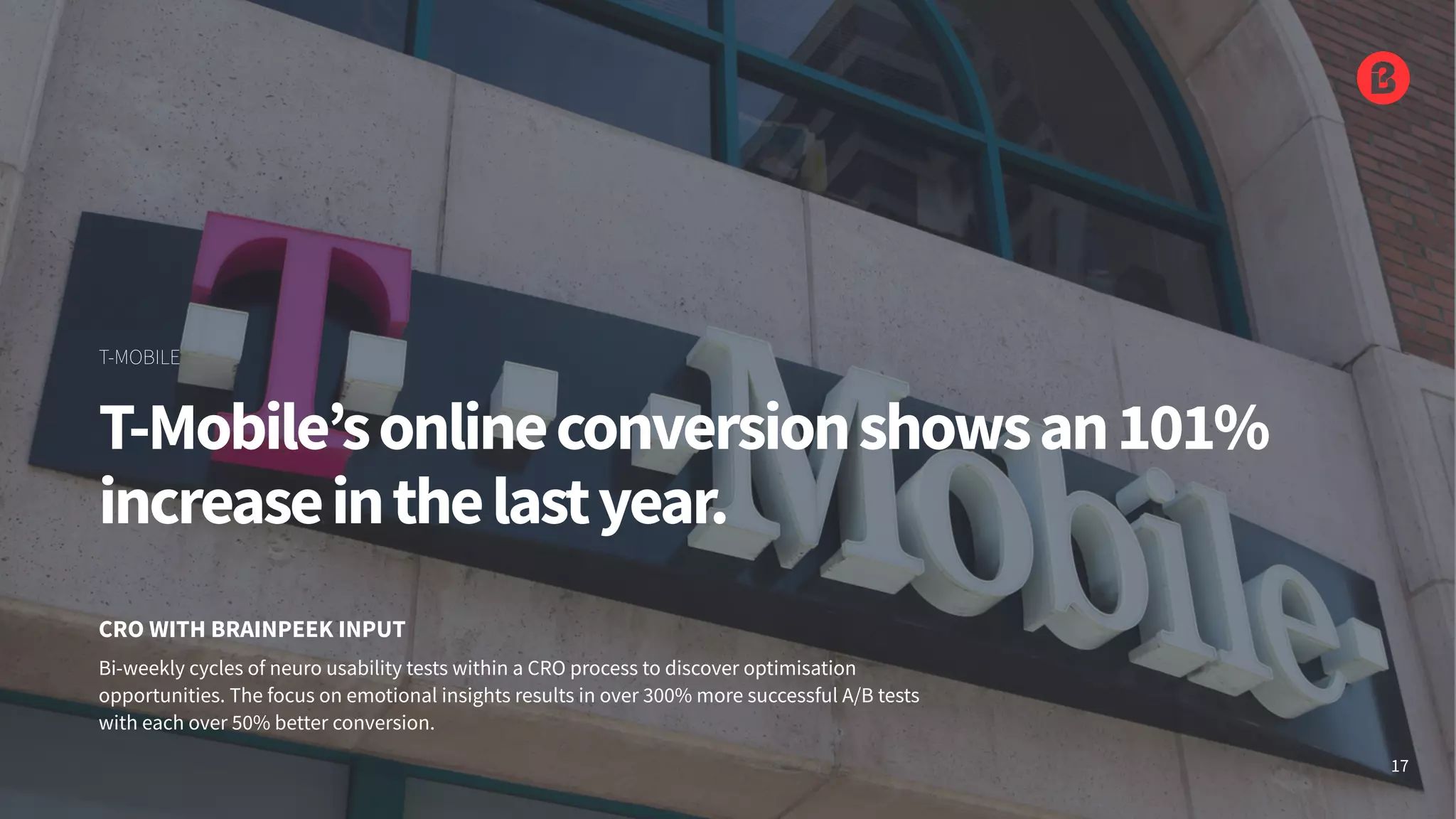 Bi-weekly cycles of neuro usability tests within a CRO process to discover optimisation
opportunities. The focus on emotional insights results in over 300% more successful A/B tests
with each over 50% better conversion.
CRO WITH BRAINPEEK INPUT
T-Mobile’sonlineconversionshowsan101%
increaseinthelastyear.
T-MOBILE
17
 
