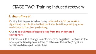 STAGE TWO: Training-induced recovery
1. Recruitment:
During training-induced recovery, areas which did not make a
significant contribution to that particular function pre-injury now
contribute to function post-injury.
Due to recruitment of neural areas from the undamaged
hemisphere.
Ultimate result is change in motor maps or cognitive functions in the
non-injured hemisphere, allows to take over the motor/cognitive
function of damaged Hemisphere.
 