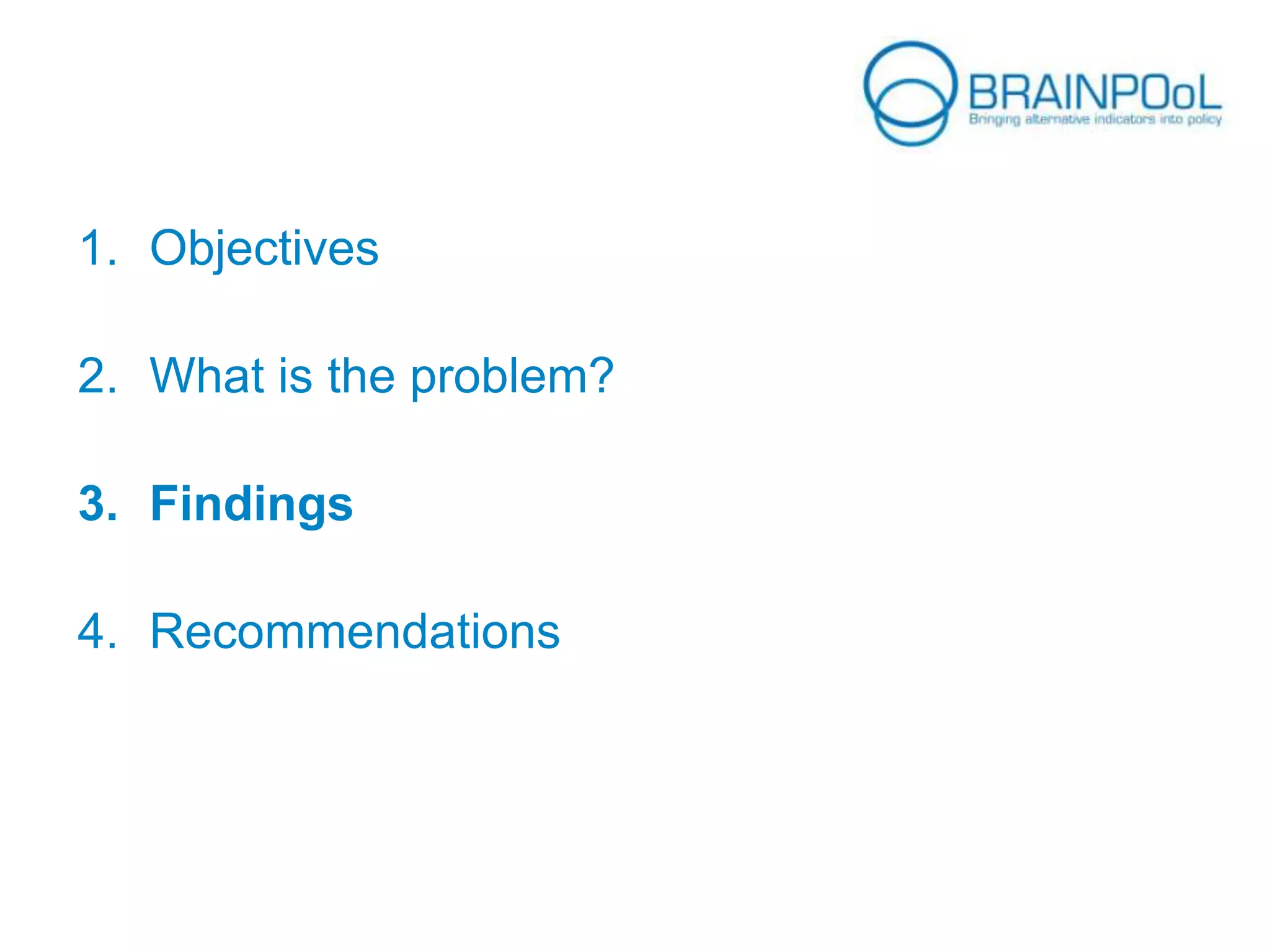 1. Objectives
2. What is the problem?
3. Findings
4. Recommendations
 