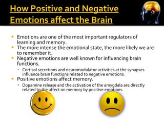 How Positive and Negative Emotions affect the Brain Emotions are one of the most important regulators of learning and memory. The more intense the emotional state, the more likely we are to remember it.  Negative emotions are well known for influencing brain functions. Cortisol secretions and neuromodulator activities at the synapses influence brain functions related to negative emotions. Positive emotions affect memory.  Dopamine release and the activation of the amygdala are directly related to the affect on memory by positive emotions. 