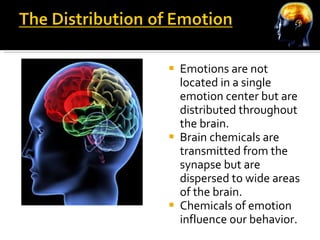 Emotions are not located in a single emotion center but are distributed throughout the brain. Brain chemicals are transmitted from the synapse but are dispersed to wide areas of the brain. Chemicals of emotion influence our behavior. 