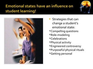 Strategies that can change a student’s emotional state: *Compelling questions *Role-modeling *Celebrations *Physical activity *Engineered controversy *Purposeful physical rituals *Getting personal 