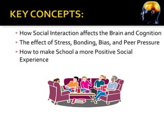 How Social Interaction affects the Brain and Cognition The effect of Stress, Bonding, Bias, and Peer Pressure How to make School a more Positive Social Experience 