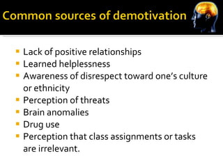 Lack of positive relationships Learned helplessness Awareness of disrespect toward one’s culture or ethnicity Perception of threats Brain anomalies Drug use Perception that class assignments or tasks are irrelevant. 