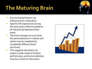 Environmental factors can influence brain maturation. Specific life experiences during the early years influence patterns of interactivity between brain areas. The brain changes so much that the same behaviors in infants and adults may be mediated by completely different brain structures.  This suggests educators can expect a wide range of student performance, and some inabilities may be a result of maturation. 