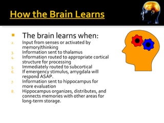 How the Brain Learns The brain learns when:   Input from senses or activated by memory/thinking Information sent to thalamus Information routed to appropriate cortical structure for processing Immediately routed to subcortical If emergency stimulus, amygdala will respond ASAP. Information sent to hippocampus for more evaluation Hippocampus organizes, distributes, and connects memories with other areas for long-term storage. 