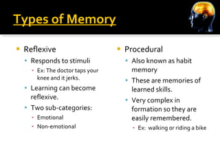Types of Memory Reflexive Responds to stimuli Ex: The doctor taps your knee and it jerks. Learning can become reflexive. Two sub-categories: Emotional Non-emotional Procedural Also known as habit memory These are memories of learned skills. Very complex in formation so they are easily remembered. Ex:  walking or riding a bike 