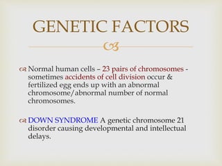 
 Normal human cells – 23 pairs of chromosomes -
sometimes accidents of cell division occur &
fertilized egg ends up with an abnormal
chromosome/abnormal number of normal
chromosomes.
 DOWN SYNDROME A genetic chromosome 21
disorder causing developmental and intellectual
delays.
GENETIC FACTORS
 
