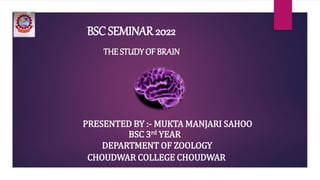 BSC SEMINAR 2022
THE STUDY OF BRAIN
PRESENTED BY :- MUKTA MANJARI SAHOO
BSC 3rd YEAR
DEPARTMENT OF ZOOLOGY
CHOUDWAR COLLEGE CHOUDWAR
 