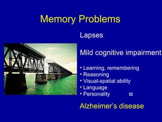 Memory Problems
Lapses
Mild cognitive impairment
• Learning, remembering
• Reasoning
• Visual-spatial ability
• Language
• Personality
Alzheimer’s disease
=
 