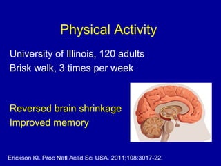 Physical Activity
University of Illinois, 120 adults
Brisk walk, 3 times per week
Reversed brain shrinkage
Improved memory
Erickson KI. Proc Natl Acad Sci USA. 2011;108:3017-22.
 