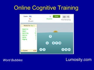 Online Cognitive Training
Lumosity.comWord Bubbles
 