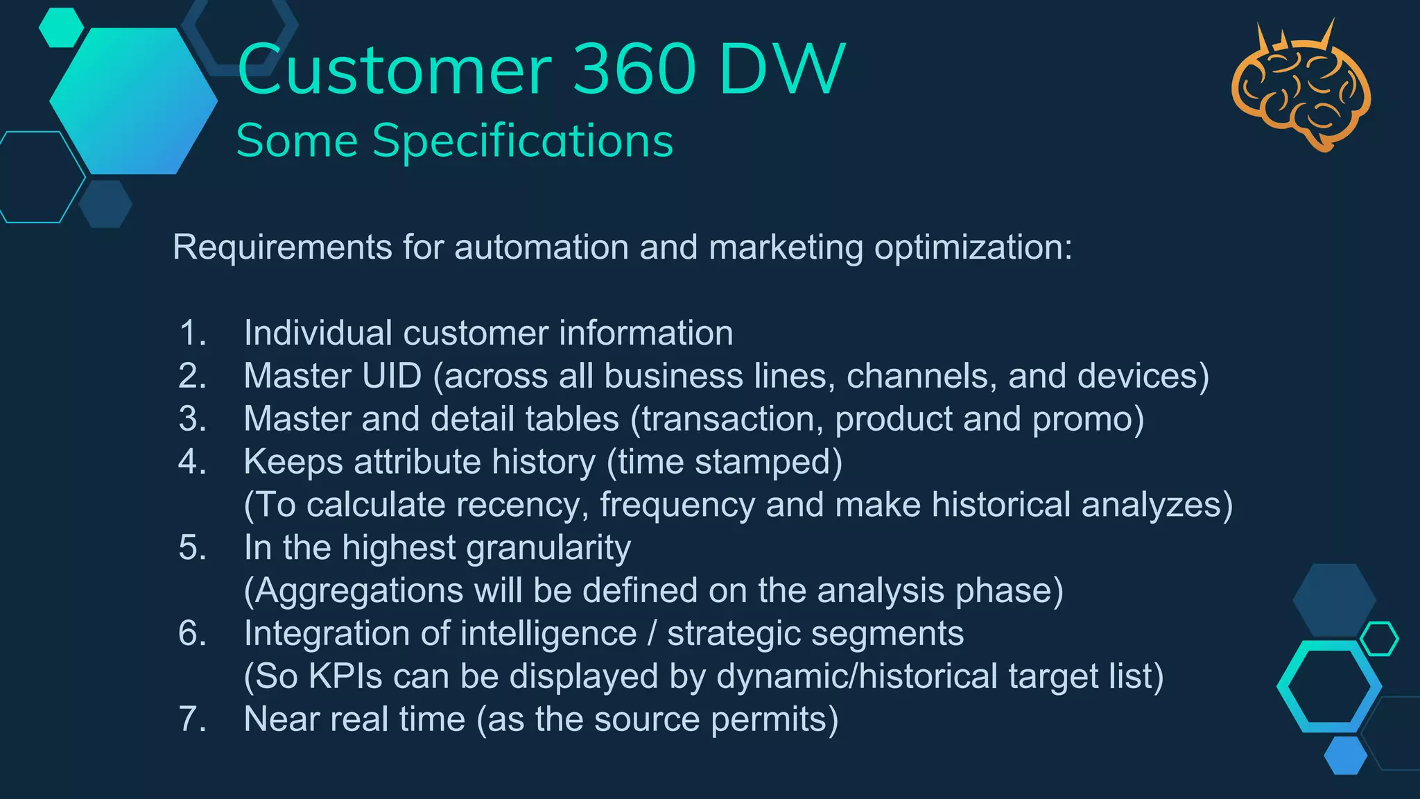 Customer 360 DW
Some Specifications
Requirements for automation and marketing optimization:
1. Individual customer information
2. Master UID (across all business lines, channels, and devices)
3. Master and detail tables (transaction, product and promo)
4. Keeps attribute history (time stamped)
(To calculate recency, frequency and make historical analyzes)
5. In the highest granularity
(Aggregations will be defined on the analysis phase)
6. Integration of intelligence / strategic segments
(So KPIs can be displayed by dynamic/historical target list)
7. Near real time (as the source permits)
 