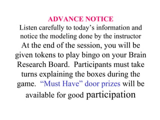 ADVANCE NOTICE Listen carefully to today’s information and notice the modeling done by the instructor At the end of the session, you will be given tokens to play bingo on your Brain Research Board.  Participants must take turns explaining the boxes during the game.  “Must Have” door prizes  will be available for good  participation 