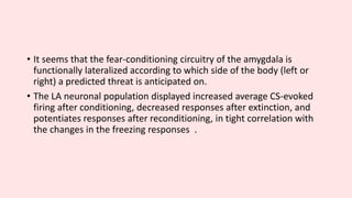 • It seems that the fear-conditioning circuitry of the amygdala is
functionally lateralized according to which side of the body (left or
right) a predicted threat is anticipated on.
• The LA neuronal population displayed increased average CS-evoked
firing after conditioning, decreased responses after extinction, and
potentiates responses after reconditioning, in tight correlation with
the changes in the freezing responses .
 
