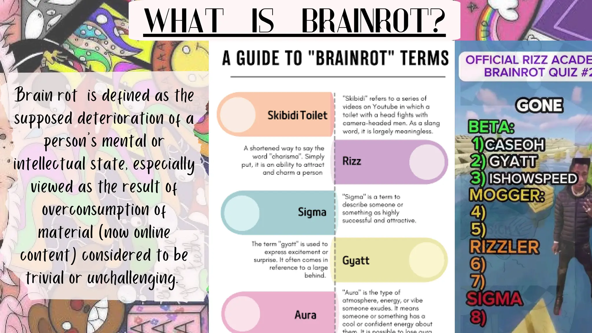 Brain rot is defined as the
supposed deterioration of a
person's mental or
intellectual state, especially
viewed as the result of
overconsumption of
material (now online
content) considered to be
trivial or unchallenging.
WHAT IS BRAINROT?﻿
 