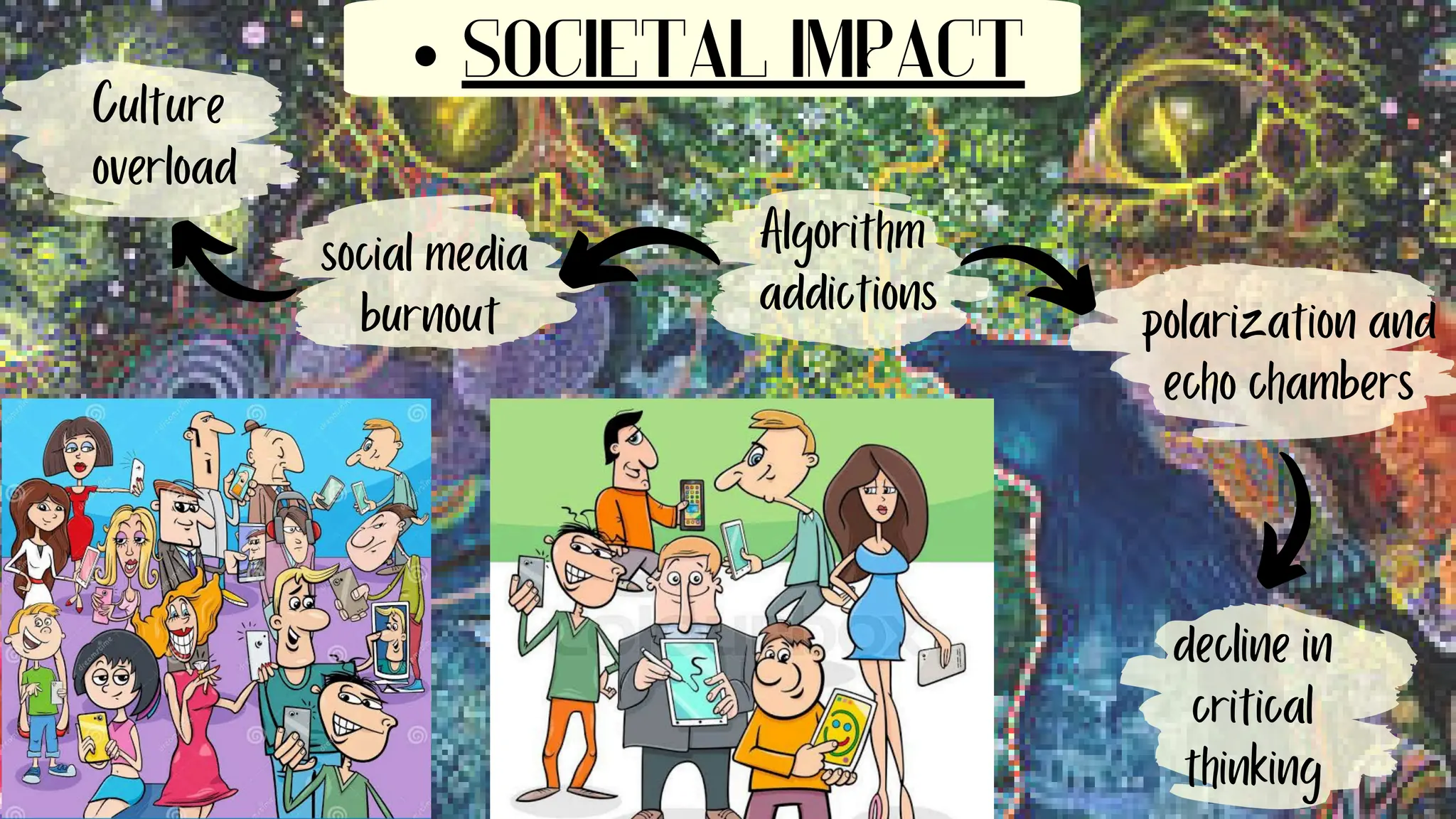 social media
burnout
SOCIETAL IMPACT
Culture
overload
decline in
critical
thinking
polarization and
echo chambers
Algorithm
addictions
 