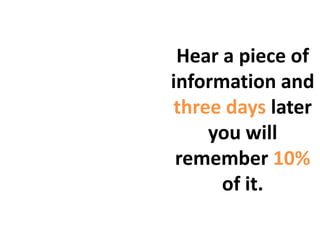 Hear a piece of information and three days later you will remember 10% of it.  