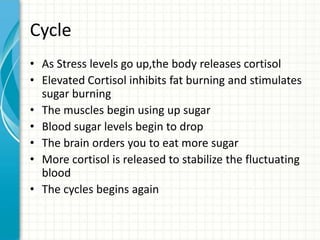 Cycle
• As Stress levels go up,the body releases cortisol
• Elevated Cortisol inhibits fat burning and stimulates
sugar burning
• The muscles begin using up sugar
• Blood sugar levels begin to drop
• The brain orders you to eat more sugar
• More cortisol is released to stabilize the fluctuating
blood
• The cycles begins again

 