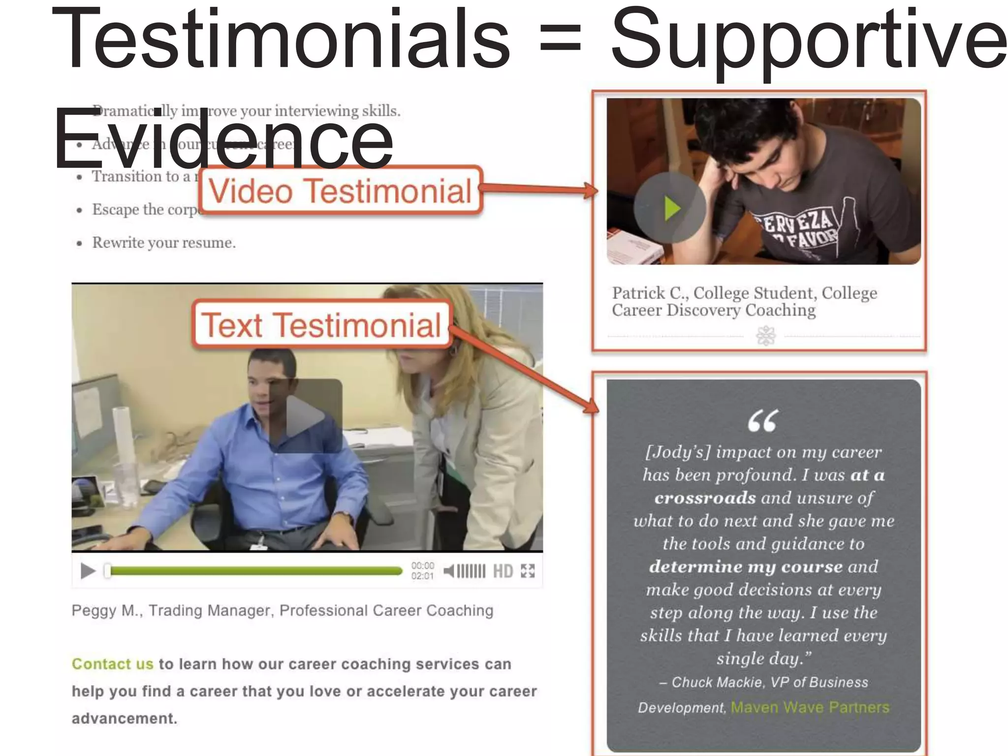 Testimonials = Supportive
Evidence
 