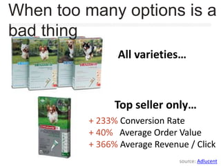 + 233% Conversion Rate
+ 40% Average Order Value
+ 366% Average Revenue / Click
All varieties…
Top seller only…
source: Adlucent
When too many options is a
bad thing
 
