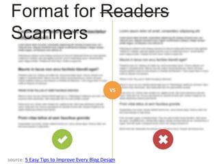 source: 5 Easy Tips to Improve Every Blog Design
Format for Readers
Scanners
 