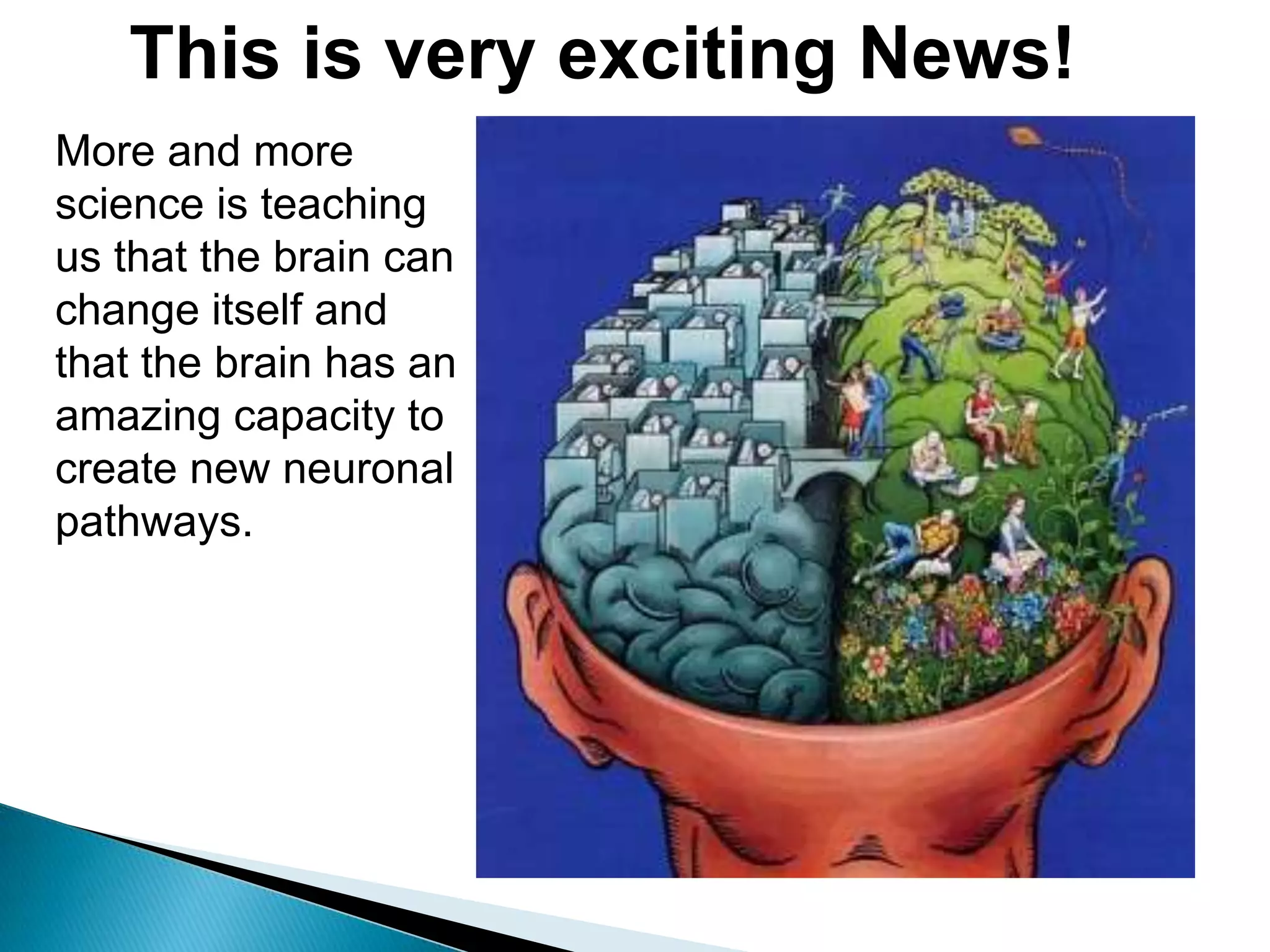 This is very exciting News!More and more science is teaching us that the brain can change itself and that the brain has an amazing capacity to create new neuronal pathways.