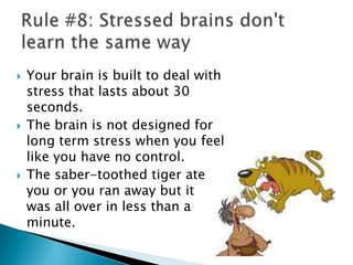 Stress damages memory and executive function. It can hurt your motor skills. When you are stressed out over a long period of time it disrupts your immune response. You get sicker more often. It disrupts your ability to sleep. You get depressed.The emotional stability of the home is the single greatest predictor of academic success. Stress Damages Cognition