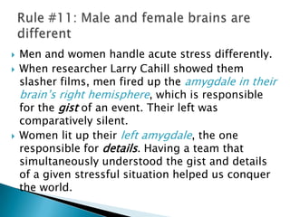 Men and women process certain emotions differently. Emotions are useful. They make the brain pay attention. These differences are a product of complex interactions between nature and nurture.Emotions are useful to learning