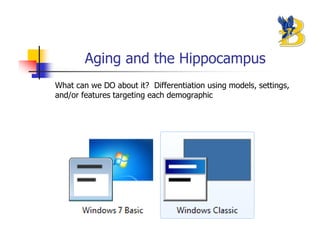 Aging and the Hippocampus
What can we DO about it? Differentiation using models, settings,
and/or features targeting each demographic
 