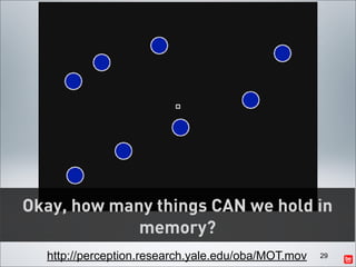 Okay, how many things CAN we hold in
             memory?
  http://perception.research.yale.edu/oba/MOT.mov   29
 