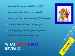 WHAT BRAINSHAKTI
REVEALS…
 My Brain Dominance (Left v/s right)
 My Preferred learning styles (VAK)
 My Personality and Behaviour (DISC profile)
 Learning Sensibility and ATD angle
 My Acquiring Methods (Self-cognitive,
Affective, Reflective, Reverse)
 