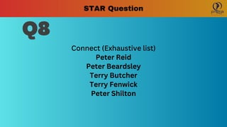 Connect (Exhaustive list)
Peter Reid
Peter Beardsley
Terry Butcher
Terry Fenwick
Peter Shilton
Q8
STAR Question
 