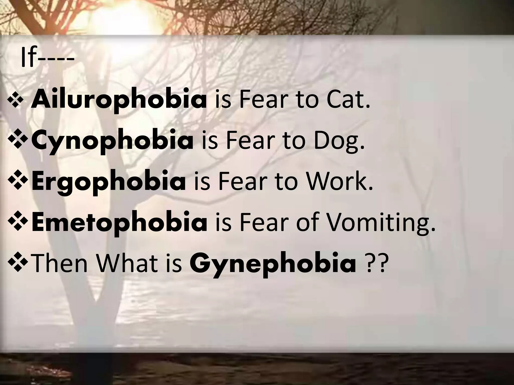 If----
 Ailurophobia is Fear to Cat.
Cynophobia is Fear to Dog.
Ergophobia is Fear to Work.
Emetophobia is Fear of Vomiting.
Then What is Gynephobia ??
 
