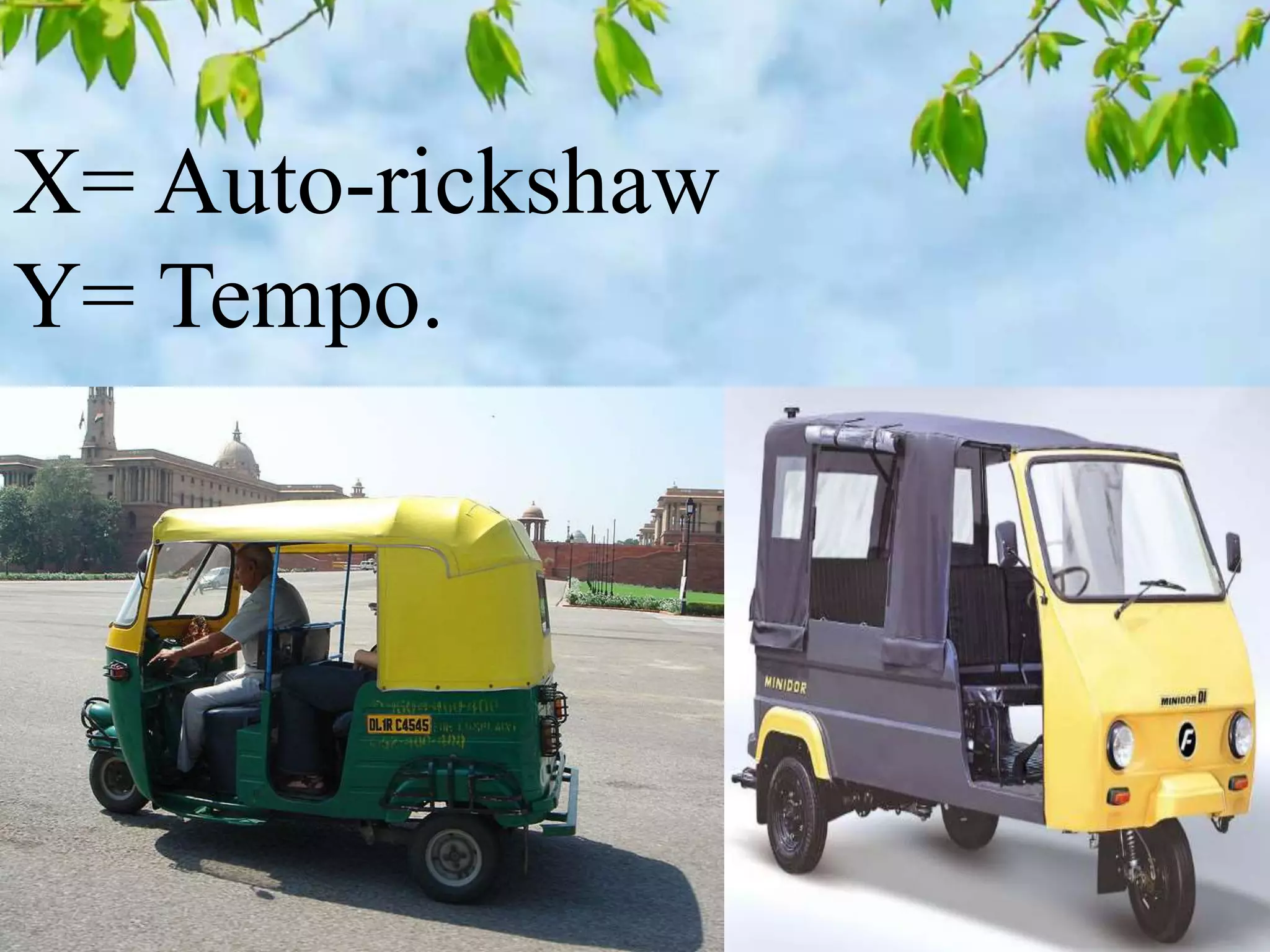 X= Auto-rickshaw
Y= Tempo.
 