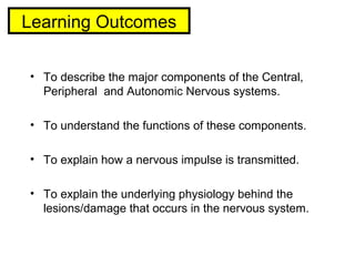 Learning Outcomes
• To describe the major components of the Central,
Peripheral and Autonomic Nervous systems.
• To understand the functions of these components.
• To explain how a nervous impulse is transmitted.
• To explain the underlying physiology behind the
lesions/damage that occurs in the nervous system.
 
