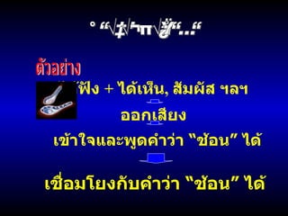 การเรียนรู้ภาษา เชื่อมโยงกับคำว่า  “ ช้อน ”  ได้ ได้ฟัง  +  ได้เห็น ,  สัมผัส ฯลฯ ตัวอย่าง ออกเสียง เข้าใจและพูดคำว่า  “ ช้อน ”  ได้ 